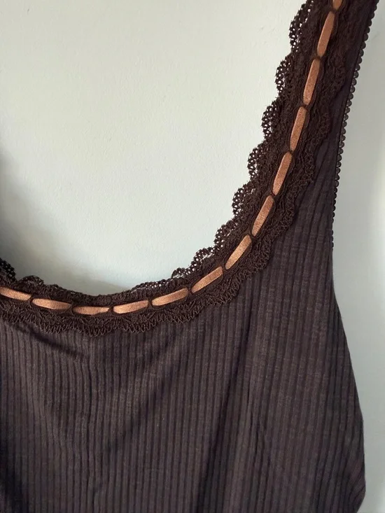 aerie Chocolate Brown Lace-Trim Ribbed crop Tank tank - Picture 2 of 5